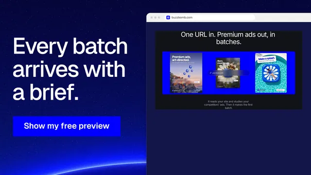 Landscape graphic for BuzzBomb: "Every batch arrives with a brief." Swiss style, browser layout, dark palette in blue, black.