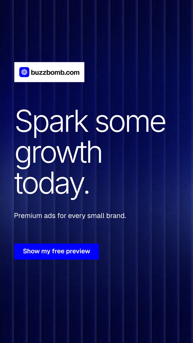 Instagram story for BuzzBomb: "Spark some growth today." Swiss style, announce layout, dark palette in black, blue.