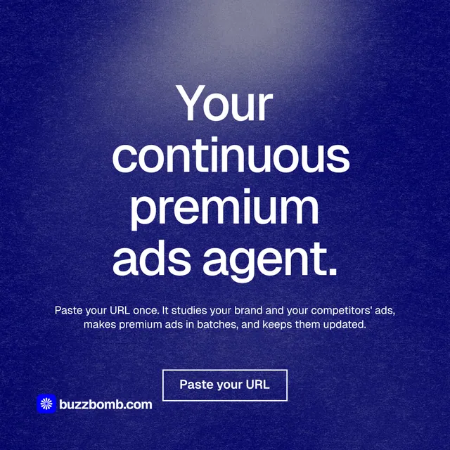 Instagram post for BuzzBomb: "Your continuous premium ads agent." Cyanotype style, centred layout, dark palette in blue.
