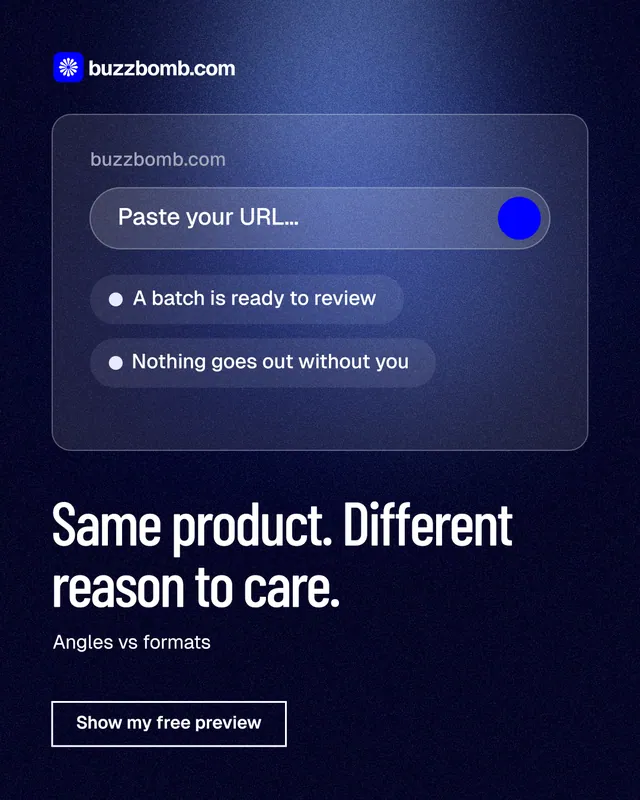 Instagram portrait post for BuzzBomb: "Same product. Different reason to care." Dark deco style, bottom layout, dark palette in blue, black.