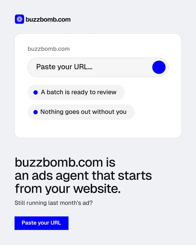 Instagram portrait post for BuzzBomb: "buzzbomb.com is an ads agent that starts from your website." Swiss style, bottom layout, light palette in white, blue.