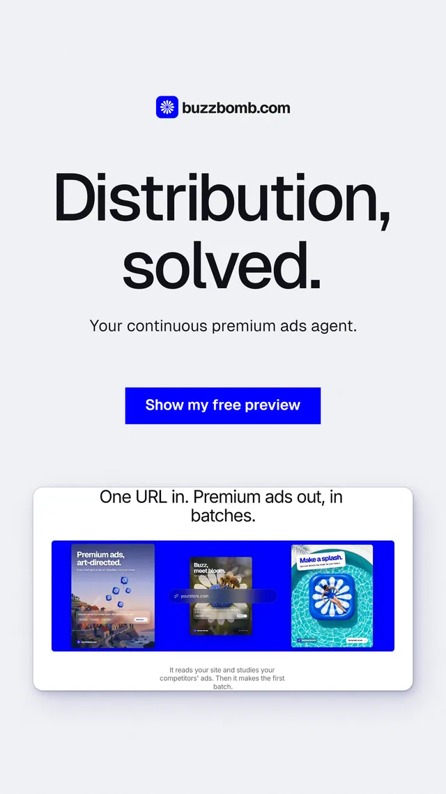 Instagram story for BuzzBomb: "Distribution, solved." Swiss style, centred layout, light palette in white, blue.