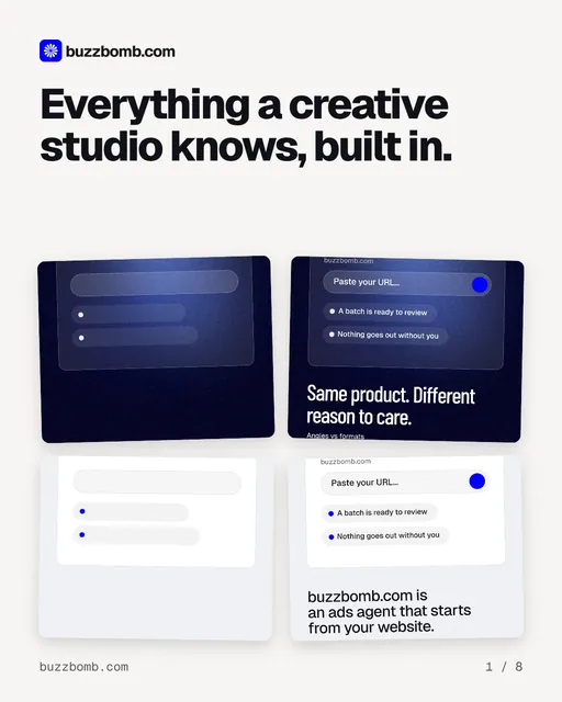Carousel for BuzzBomb: "Everything a creative studio knows, built in.". Collection carousel, 8 slides, light palette.