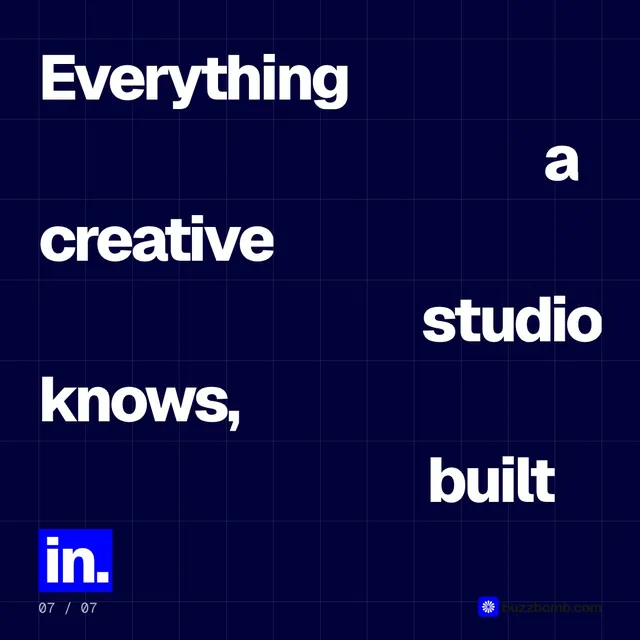 Video for BuzzBomb: "Everything a creative studio knows, built in.". Kinetic type grid, 6.0 s, dark palette.