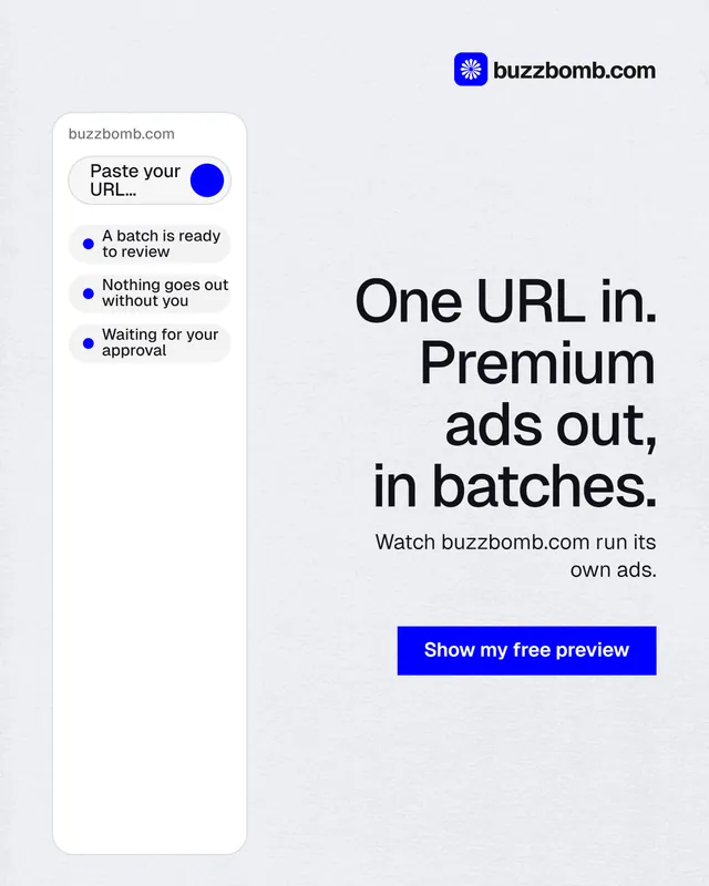 Instagram portrait post for BuzzBomb: "One URL in. Premium ads out, in batches." Swiss style, right layout, light palette in white, blue.