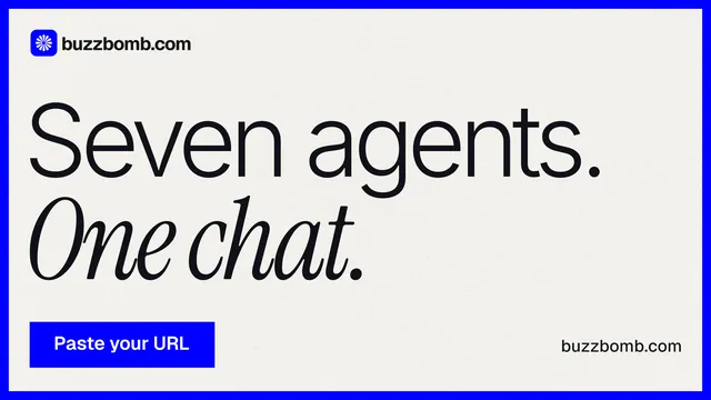 Landscape graphic for BuzzBomb: "Seven agents. One chat." Swiss style, poster layout, light palette in white, blue.