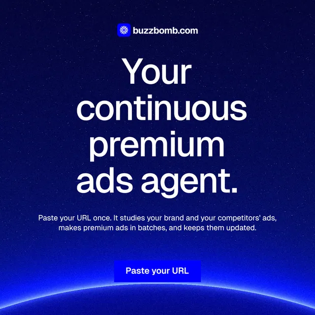 Instagram post for BuzzBomb: "Your continuous premium ads agent." Swiss style, centred layout, dark palette in blue.