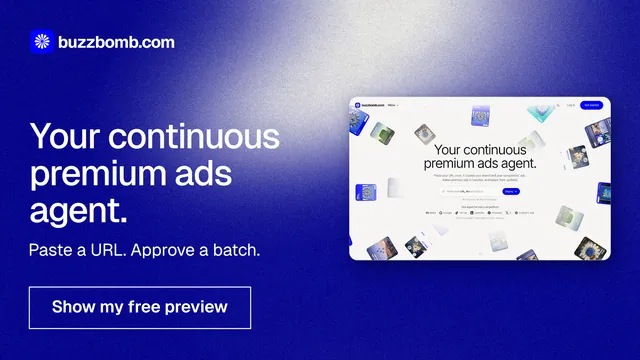 Landscape graphic for BuzzBomb: "Your continuous premium ads agent." Cyanotype style, bottom layout, dark palette in white, blue.