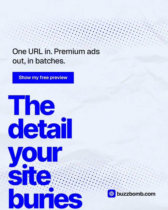 Instagram portrait post for BuzzBomb: "The detail your site buries." Swiss style, oversized layout, light palette in white, blue.