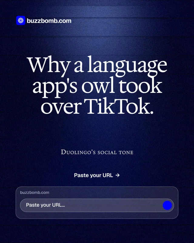 Instagram portrait post for BuzzBomb: "Why a language app's owl took over TikTok." Dark deco style, smallcaps layout, dark palette in blue, black.