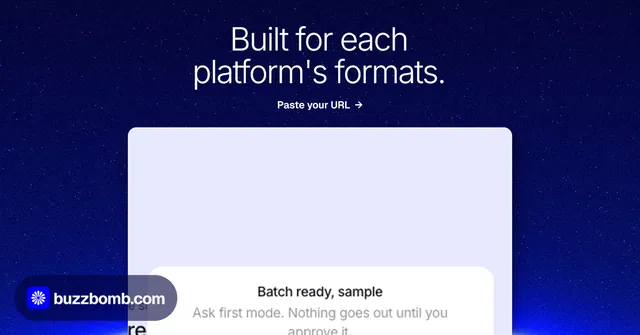 Social ad for BuzzBomb: "Built for each platform's formats." Swiss style, ogui layout, dark palette in blue, white.