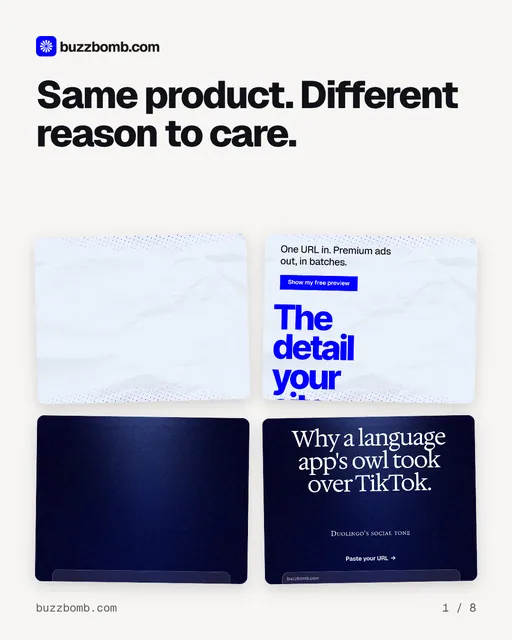 Carousel for BuzzBomb: "Same product. Different reason to care.". Collection carousel, 8 slides, light palette.