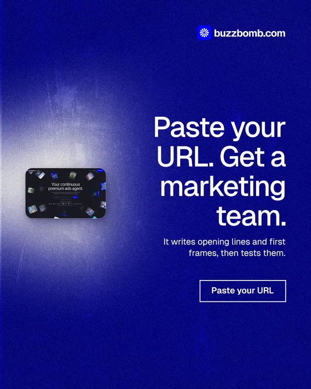 Instagram portrait post for BuzzBomb: "Paste your URL. Get a marketing team." Cyanotype style, right layout, dark palette in blue.