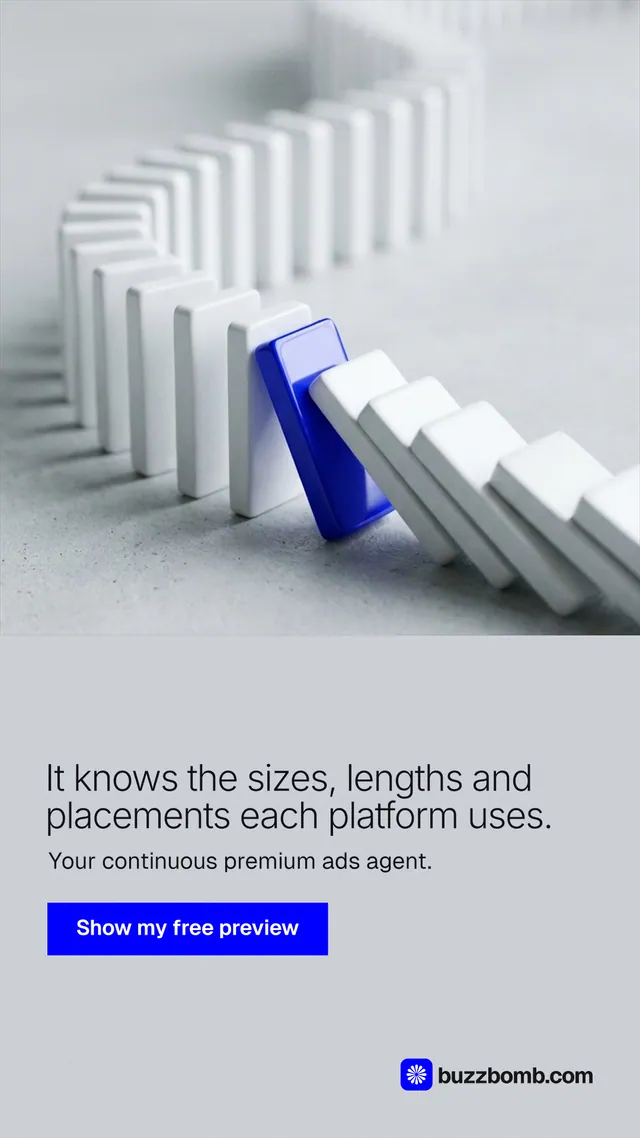 Instagram story for BuzzBomb: "It knows the sizes, lengths and placements each platform uses." Swiss style, bottom layout, light palette in white, grey.