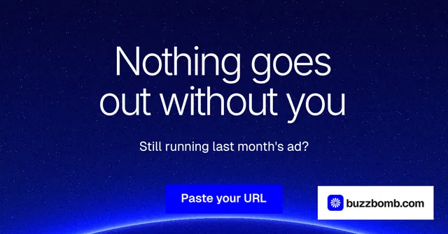 Social ad for BuzzBomb: "Nothing goes out without you". Swiss style, centred layout, dark palette in blue.