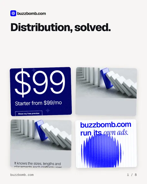 Carousel for BuzzBomb: "Distribution, solved.". Collection carousel, 8 slides, light palette.
