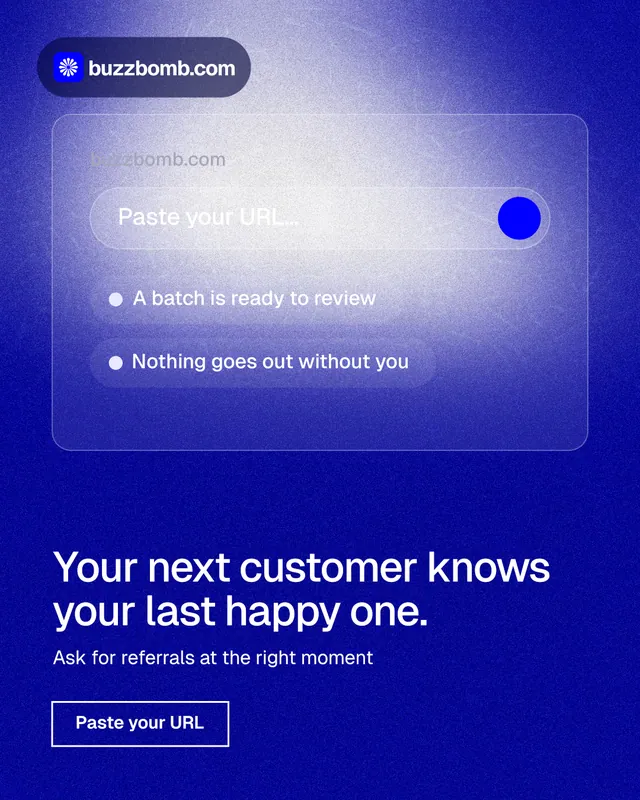 Instagram portrait post for BuzzBomb: "Your next customer knows your last happy one." Cyanotype style, bottom layout, dark palette in blue.