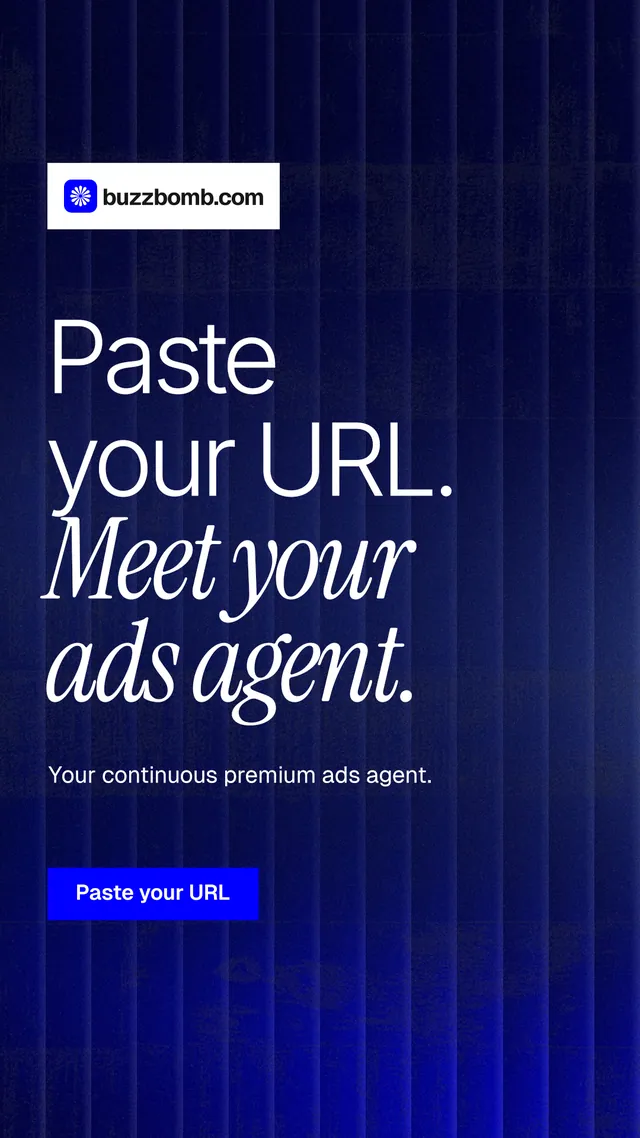 Instagram story for BuzzBomb: "Paste your URL. Meet your ads agent." Swiss style, announce layout, dark palette in black, blue, grey.