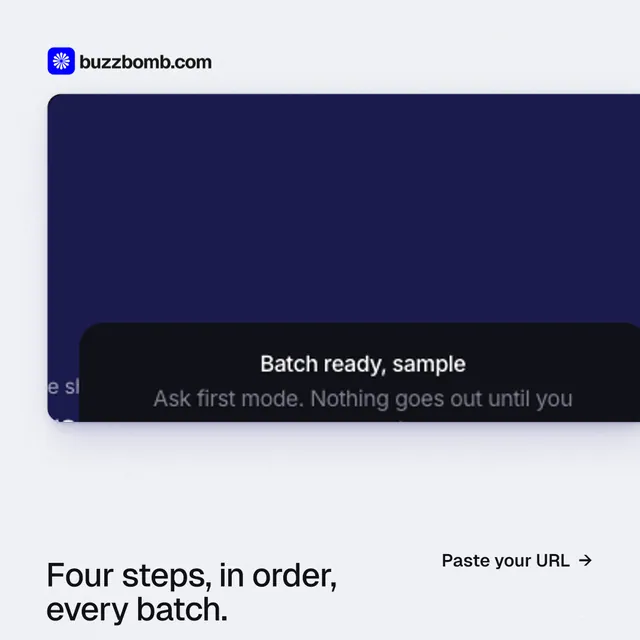 Instagram post for BuzzBomb: "Four steps, in order, every batch." Swiss style, image led layout, light palette in white, blue, black.