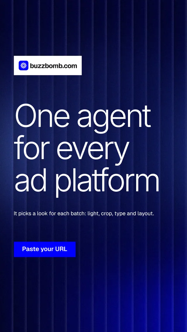 Instagram story for BuzzBomb: "One agent for every ad platform". Swiss style, announce layout, dark palette in blue, black, grey.