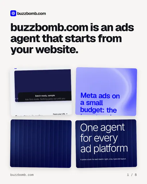 Carousel for BuzzBomb: "buzzbomb.com is an ads agent that starts from your website.". Collection carousel, 8 slides, light palette.