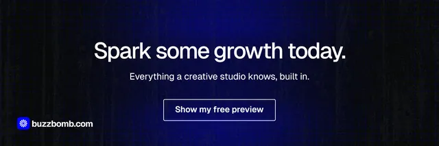 X header for BuzzBomb: "Spark some growth today." Phosphor atlas style, centred layout, dark palette in black, blue.
