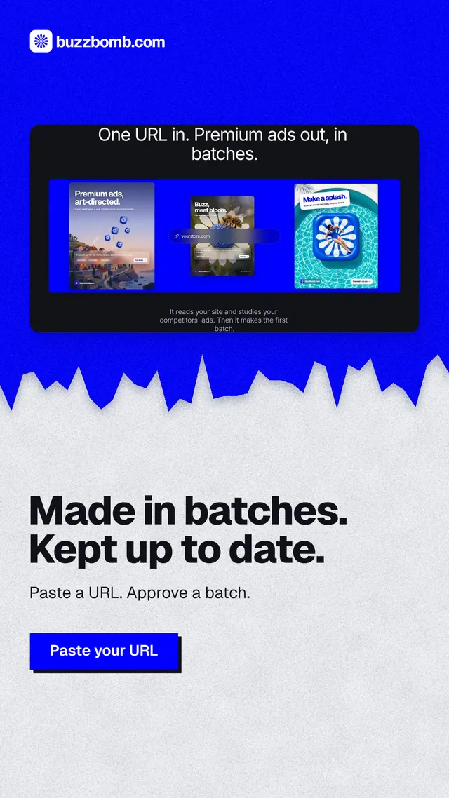 Instagram story for BuzzBomb: "Made in batches. Kept up to date." Paper trio style, bottom layout, light palette in white, blue.