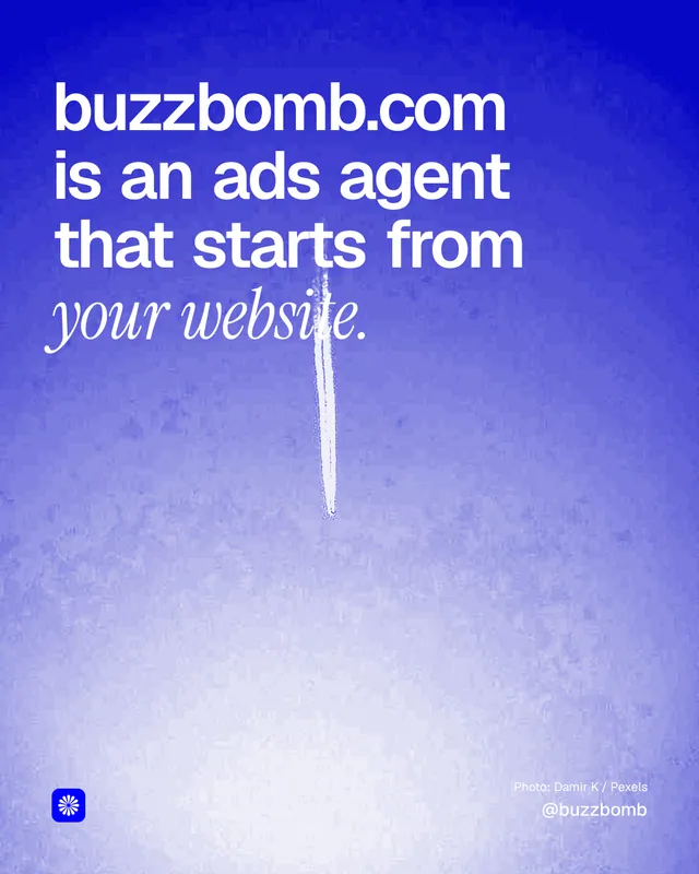 Instagram portrait post for BuzzBomb: "buzzbomb.com is an ads agent that starts from your website." Duotone style, technique:pexels ingredient layout, light palette in blue, white.