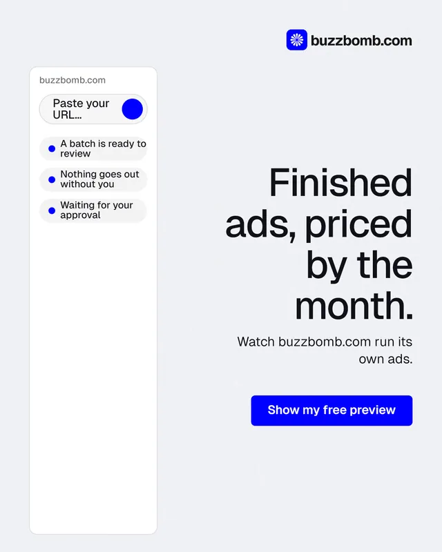 Instagram portrait post for BuzzBomb: "Finished ads, priced by the month." Data card style, right layout, light palette in white, blue.