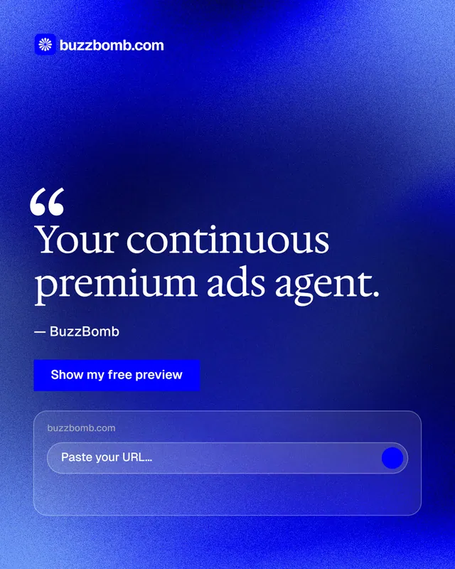 Instagram portrait post for BuzzBomb: "Your continuous premium ads agent." Swiss style, quote layout, dark palette in blue.