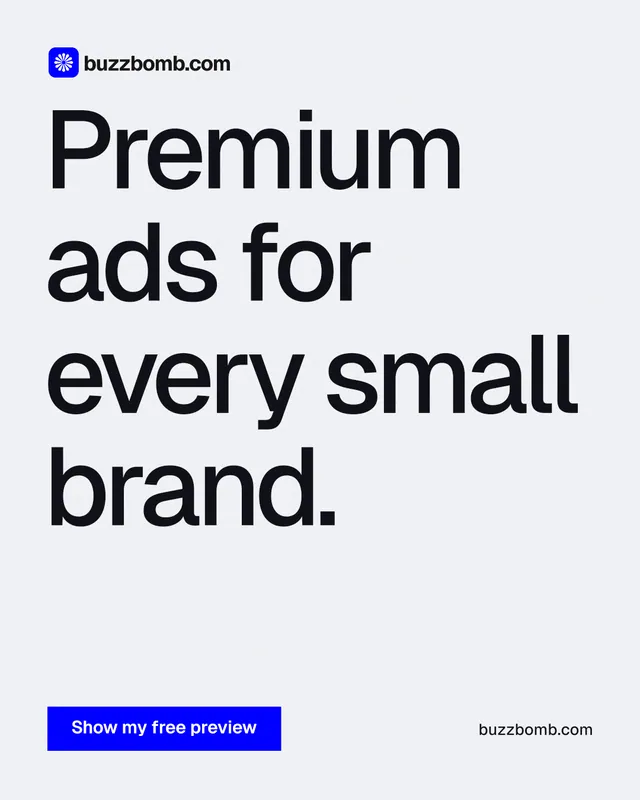 Instagram portrait post for BuzzBomb: "Premium ads for every small brand." Swiss style, poster layout, light palette in white, grey.