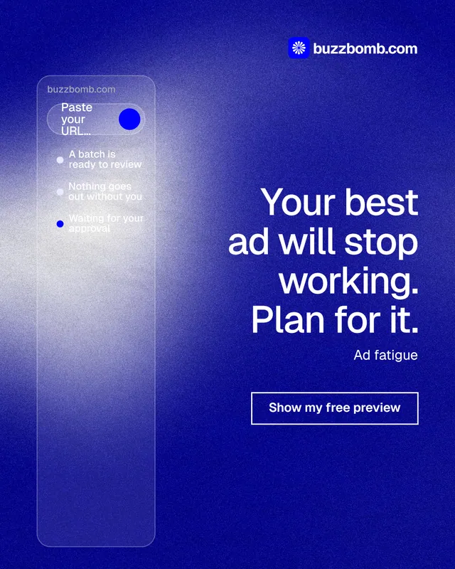 Instagram portrait post for BuzzBomb: "Your best ad will stop working. Plan for it." Cyanotype style, right layout, dark palette in blue.