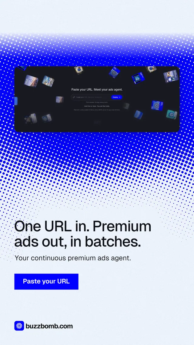Instagram story for BuzzBomb: "One URL in. Premium ads out, in batches." Swiss style, bottom layout, light palette in white, blue.