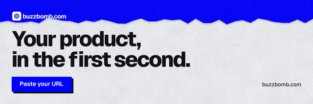 X header for BuzzBomb: "Your product, in the first second." Paper trio style, poster layout, light palette in white, blue, grey.