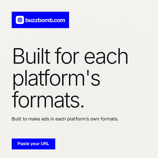 Instagram post for BuzzBomb: "Built for each platform's formats." Swiss style, announce layout, light palette in white, blue.