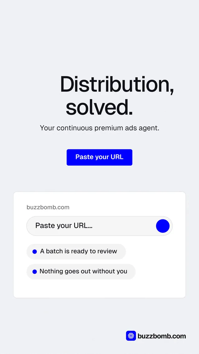 Instagram story for BuzzBomb: "Distribution, solved." Data card style, centred layout, light palette in white, blue.