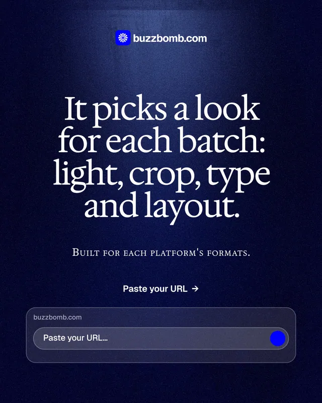 Instagram portrait post for BuzzBomb: "It picks a look for each batch: light, crop, type and layout." Dark deco style, smallcaps layout, dark palette in black, blue, grey.