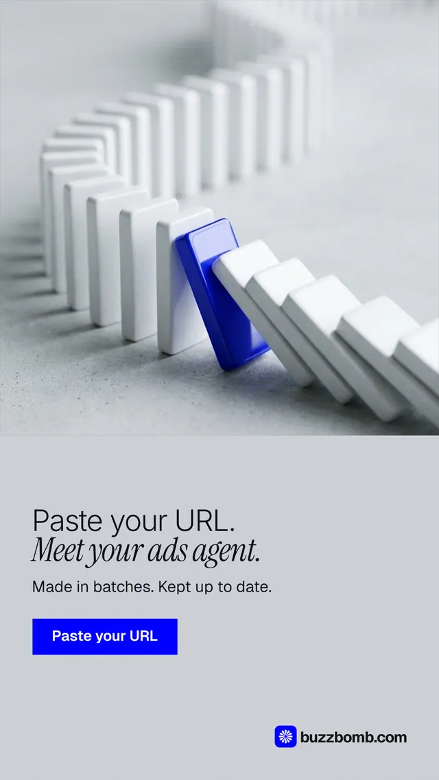Instagram story for BuzzBomb: "Paste your URL. Meet your ads agent." Swiss style, bottom layout, light palette in white, grey.