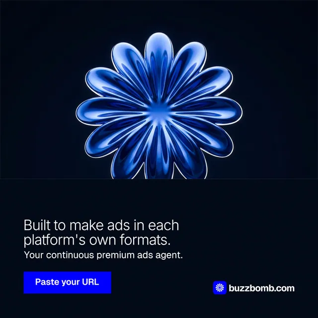 Instagram post for BuzzBomb: "Built to make ads in each platform's own formats." Swiss style, bottom layout, dark palette in black, blue.