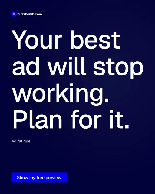 Video for BuzzBomb: "Your best ad will stop working. Plan for it.". Doc motion loop, 7.0 s, dark palette.