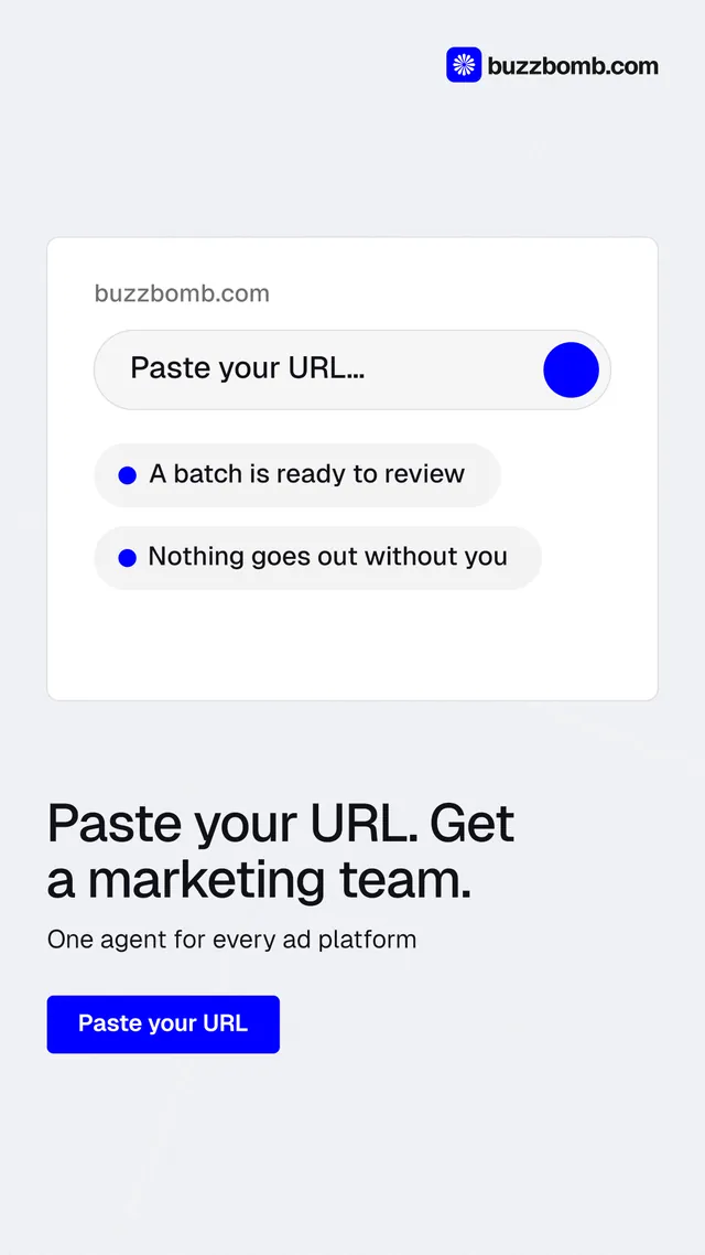Instagram story for BuzzBomb: "Paste your URL. Get a marketing team." Data card style, bottom layout, light palette in white, blue.