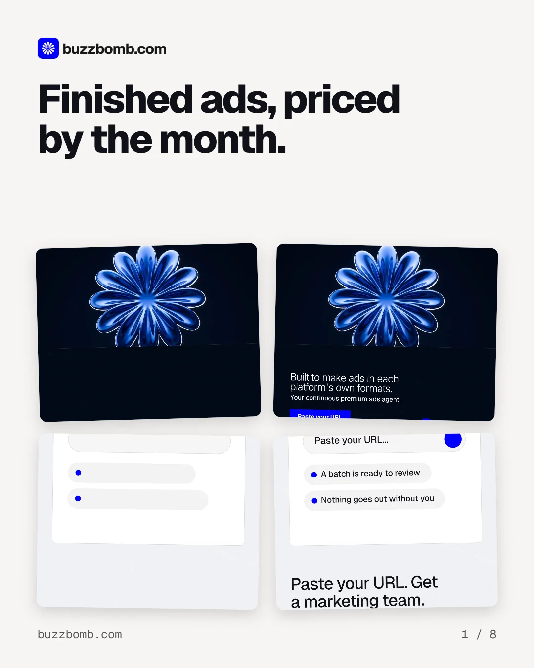 Carousel for BuzzBomb: "Finished ads, priced by the month.". Collection carousel, 8 slides, light palette.