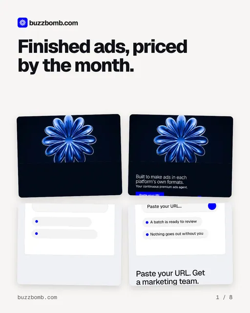 Carousel for BuzzBomb: "Finished ads, priced by the month.". Collection carousel, 8 slides, light palette.