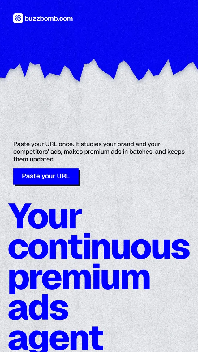 Instagram story for BuzzBomb: "Your continuous premium ads agent." Paper trio style, oversized layout, light palette in white, blue.