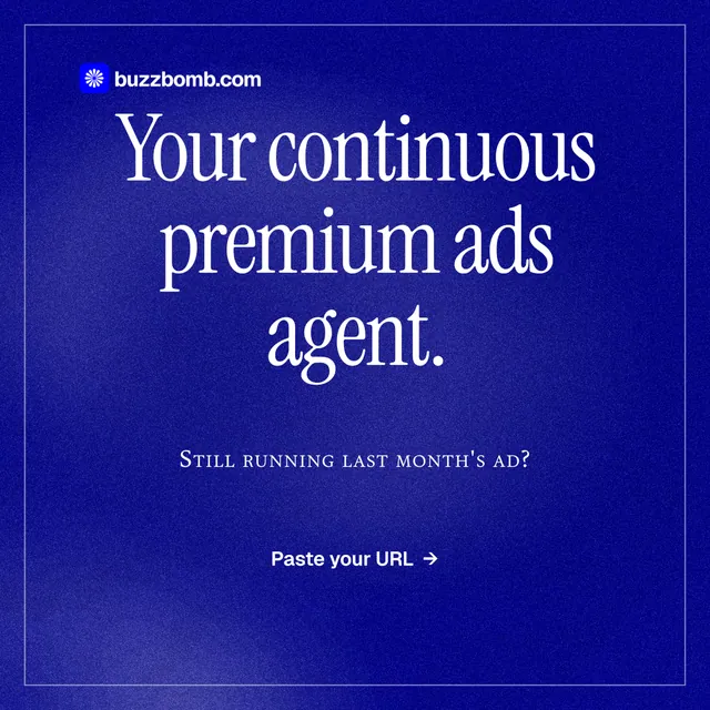 Instagram post for BuzzBomb: "Your continuous premium ads agent." Editorial style, smallcaps layout, dark palette in blue.