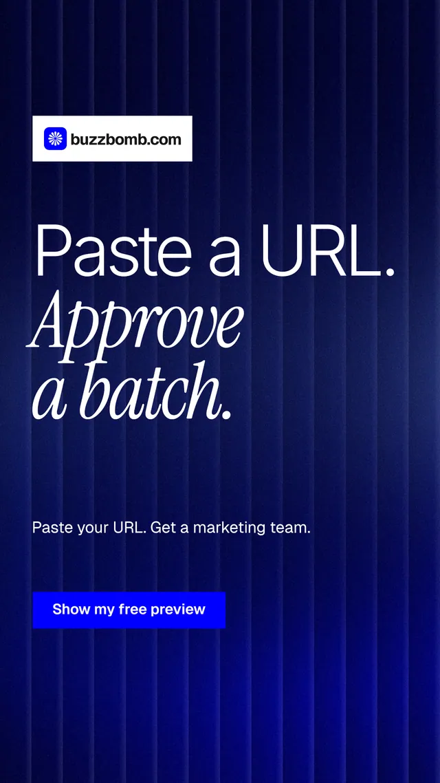 Instagram story for BuzzBomb: "Paste a URL. Approve a batch." Swiss style, announce layout, dark palette in blue, black, grey.