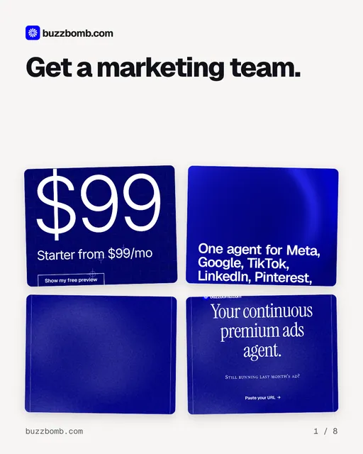 Carousel for BuzzBomb: "Get a marketing team.". Collection carousel, 8 slides, light palette.