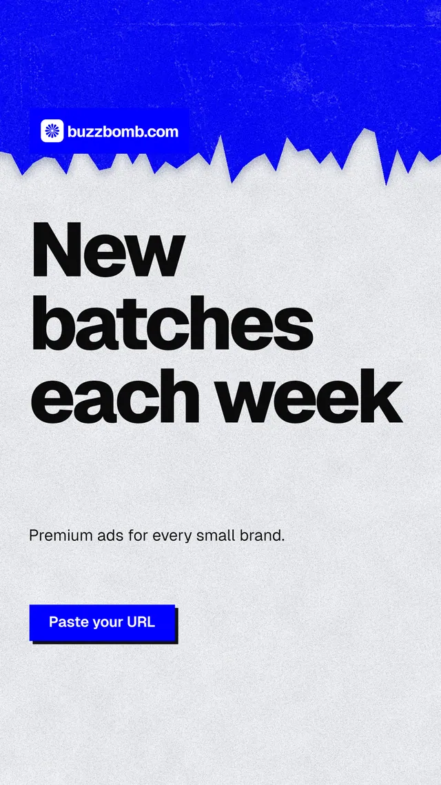 Instagram story for BuzzBomb: "New batches each week". Paper trio style, announce layout, light palette in white, blue, grey.