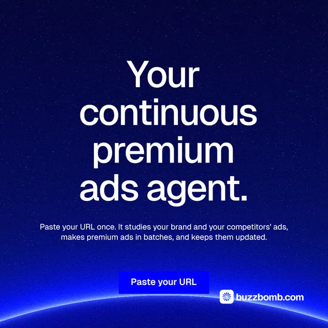 Instagram post for BuzzBomb: "Your continuous premium ads agent." Swiss style, centred layout, dark palette in blue.