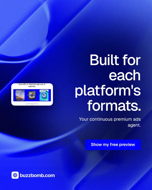 Instagram portrait post for BuzzBomb: "Built for each platform's formats." Swiss style, right layout, dark palette in blue.